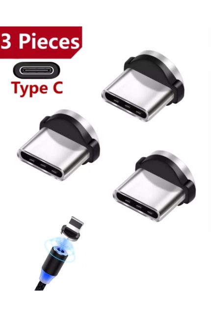 3 Adet Plug Type C Usb Yedek Başlık Işıklı Mıknatıslı Şarj Kablo Plug Manyetik Başlık Dönüştürücü