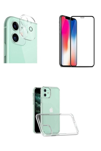 Iphone 11 Uyumlu Kırılmaz Ekran Koruyucu Cam + Şeffaf Kılıf + Kamera Koruyucu Lens