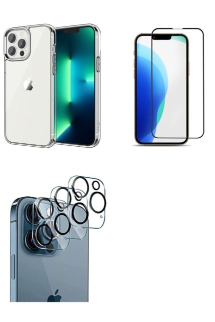 Iphone 13 Pro Max Uyumlu Şeffaf Kılıf Ekran Koruyucu Kırılmaz Cam Kamera Lens Koruyucu