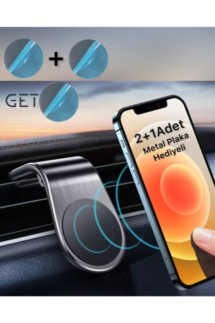 Araç Içi Telefon Tutucu Neodyum Mıknatıslı Siyah Renk 3 Adet Metal Plakalı Klima Menfez Uyumlu 3in1
