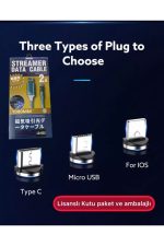 Optik Full Işıklı Mıknatıslı Örgülü Kablo 3in1 Type C Micro Usb Iphone 3'bir Arada Hızlı Şarj - Görsel 2