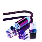 3 Uçlu Iphone Android Samsung Uyumlu Led Işık Mıknatıslı Şarj Kablosu 3 In 1 Micro Usb Type-c