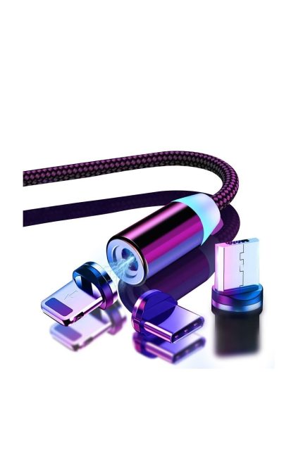 3 Uçlu Iphone Android Samsung Uyumlu Led Işık Mıknatıslı Şarj Kablosu 3 In 1 Micro Usb Type-c