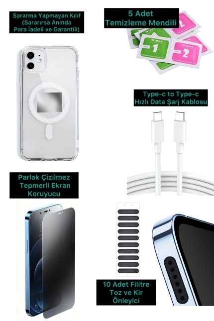iphone 12 VIP ASLAN 3 PRO FULL SET KILI - FİLTRE - ŞARJ KABLOSU -5 TEMİZLEME SETİ -KIRILMAZ CAM -