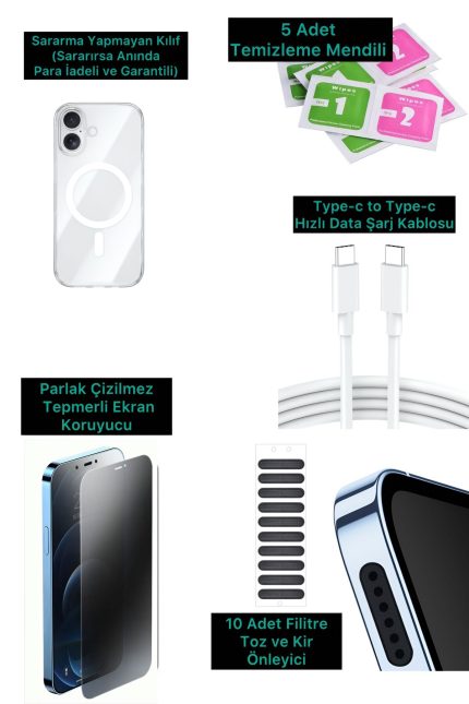 iphone 16 PLUS VIP ASLAN 3 PRO FULL SET KILI - FİLTRE - ŞARJ KABLOSU -5 TEMİZLEME SETİ -KIRILMAZ CAM