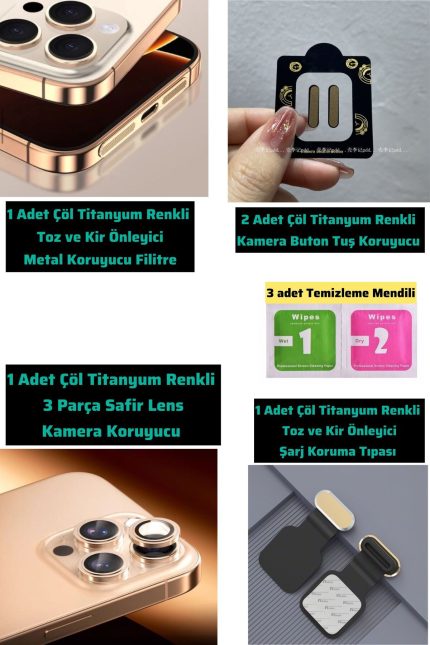 İphone 16Pro-16 ProMax Çöl Titanyum Renk Safir Kamera Lens -Metal Filtre -Şarj Koruma Tıpa -Mendil