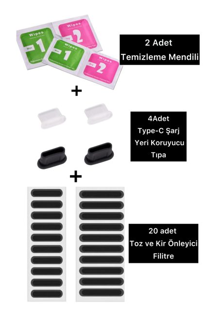 20 Adet Örgülü Filtre toz ve kir önleyici type-c girişli şarj yeri koruma tıpası ve temizlik mendili