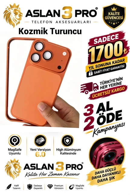 İPhone Alüminyum Dönüşümlü Kılıf Seti- Kozmik Turuncu Renk (Whatsapp Üzerinden İstediğiniz Renk Modeli Yazmanız Yeterlidir) Aslan Pro Kalitesinde- Ücretsiz Kargo