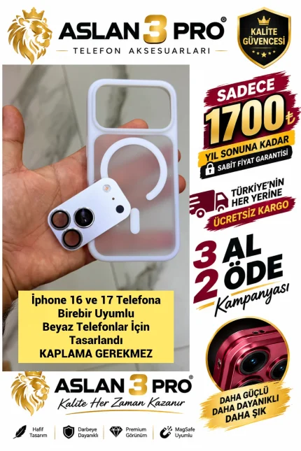 İPhone 16-17 Telefonu 17Pro Dönüşüm Kiti Mat Beyaz Kılıf Kaplama Gerekmez (Whatsapp Üzerinden İstediğiniz Renk Modeli Yazmanız Yeterlidir) Aslan Pro Kalitesinde- Ücretsiz Kargo