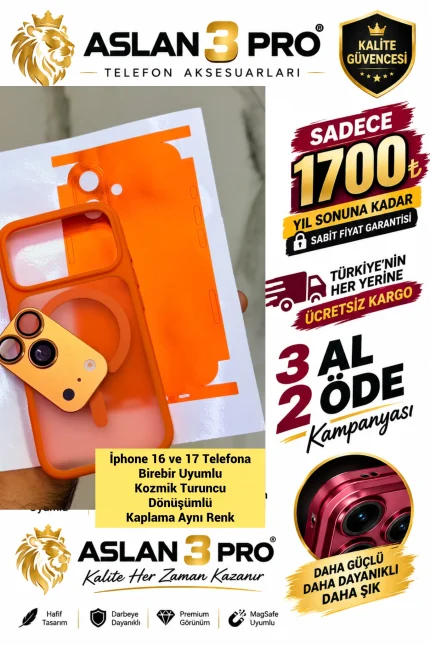 İPhone 16-17 Telefonu 17Pro Dönüşüm Kiti Turuncu Kaplamalı Kılıf Kaplama Gerekmez (Whatsapp Üzerinden İstediğiniz Renk Modeli Yazmanız Yeterlidir) Aslan Pro Kalitesinde- Ücretsiz Kargo