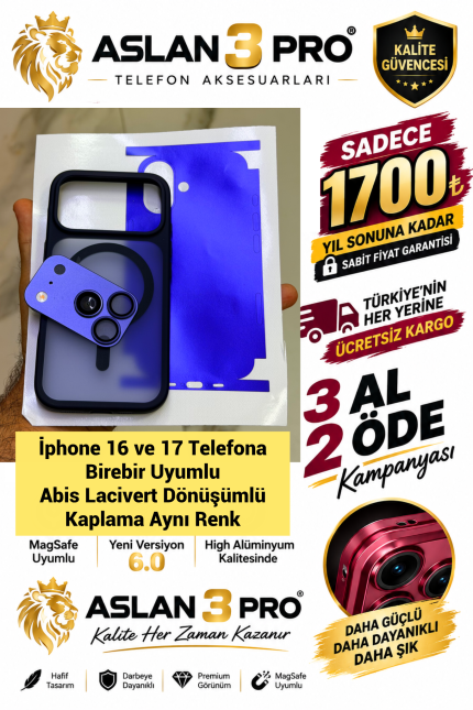 İPhone 16-17 Telefonu 17Pro Dönüşüm Kiti Lacivert Kaplamalı Kılıf Kaplama Gerekmez (Whatsapp Üzerinden İstediğiniz Renk Modeli Yazmanız Yeterlidir) Aslan Pro Kalitesinde- Ücretsiz Kargo (Kopya)